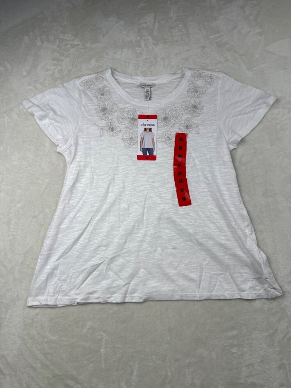 Ella Moss Womens White Short Sleeve Floral Embroidered T-Shirt Size M